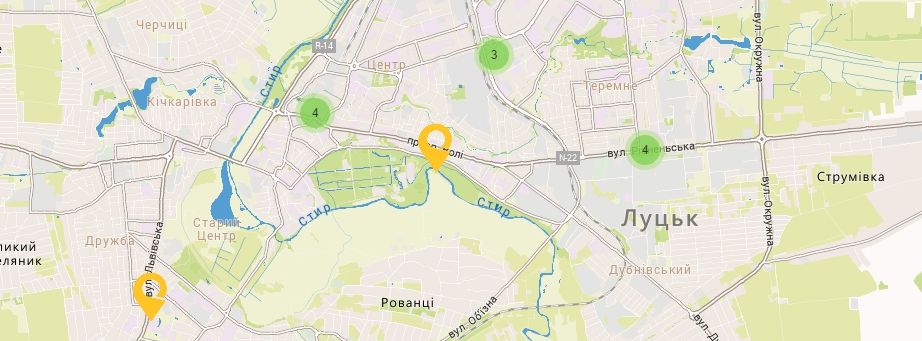 Карта Украины Волынской области Отделения Укрпочта