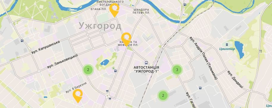 Карта Украины Закарпатской области Отделения Укрпочта