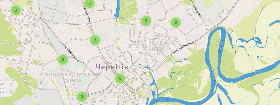Карта Украины Черниговской области Отделения Укрпочта